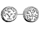 Shekel, silver, AD 68. Left: &`;Shekel of Israel&`;, pot of manna. Right: &`;Jerusalem the Holy&`;, Aaron&`;s rod